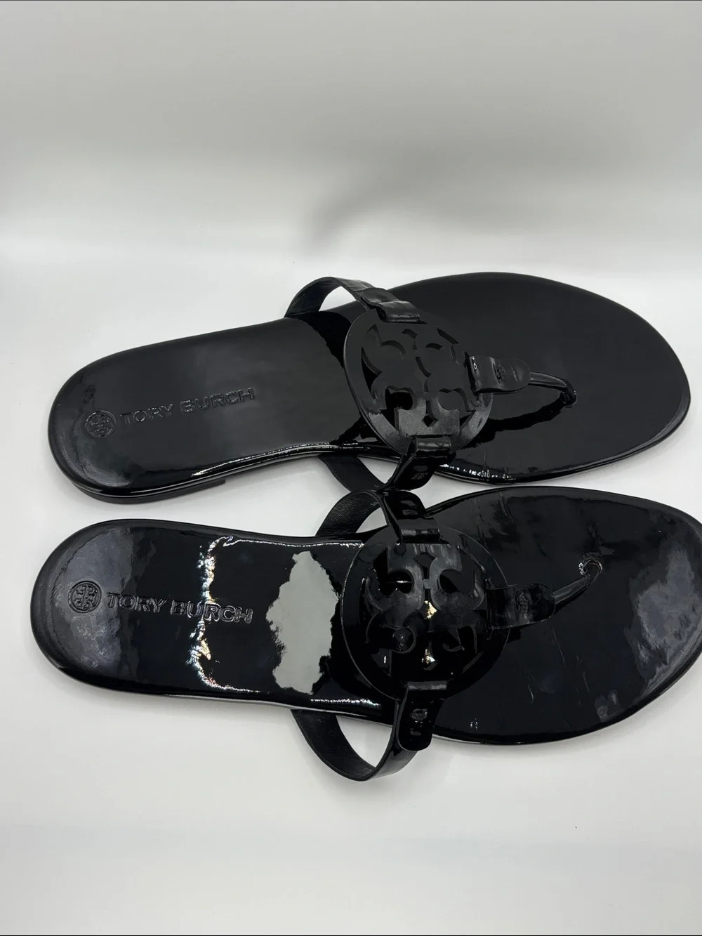 Tory Burch Miller Black Patent Logo Thong Sandals